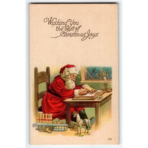 Santa Claus Christmas Postcard Saint Nick Writing With Quill Pen Toys Candle K